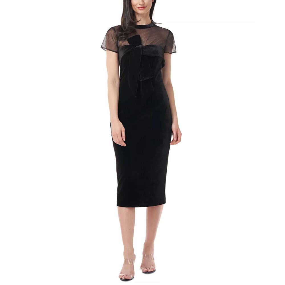 JS Collections Black Velvet Short Sleeve Midi Sheath Party Cocktail Dress Size 8
